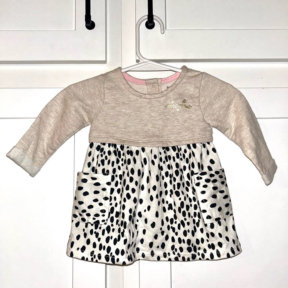 🐱Adorable Baby Girl 0-3 Months Long Sleeve Dress Cream / Tan, Black Polka Dots